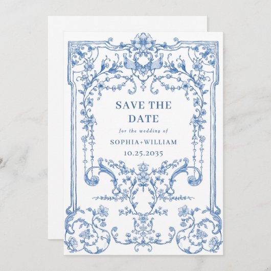 Victoriaans  Grace Floral Dusty Blue Wedding Save The Date (Voorkant / Achterkant)