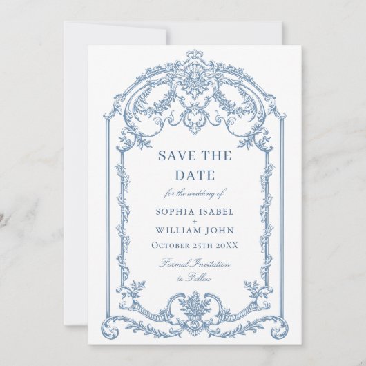 Victoriaans  Grace Floral Dusty Blue Wedding Save The Date (Voorkant)
