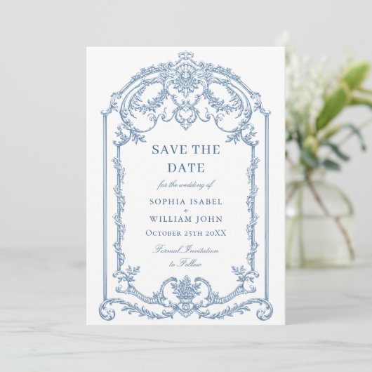 Victoriaans  Grace Floral Dusty Blue Wedding Save The Date (Staand voorkant)