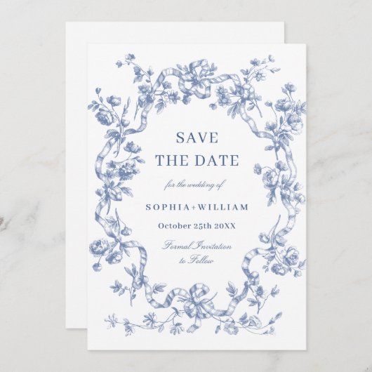Victoriaans  Grace Floral Dusty Blue Wedding Save The Date (Voorkant / Achterkant)