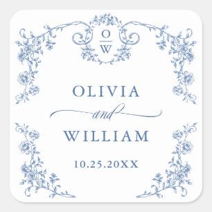 Victoriaans  Grace Floral Dusty Blue Wedding Vierkante Sticker