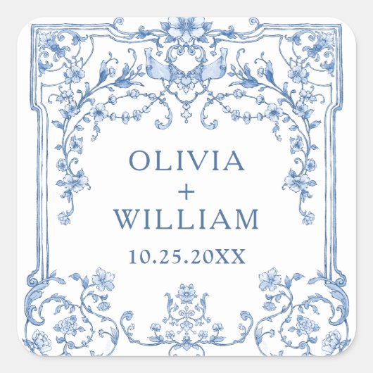 Victoriaans  Grace Floral Dusty Blue Wedding Vierkante Sticker (Voorkant)