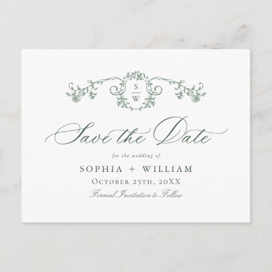 Victoriaans  Grace Floral Green Save the Date Briefkaart (Voorkant)