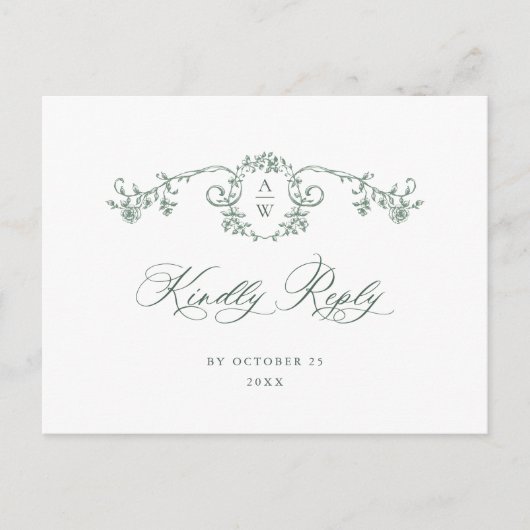 Victoriaans  Grace Floral Green Wedding RSVP Briefkaart (Voorkant)