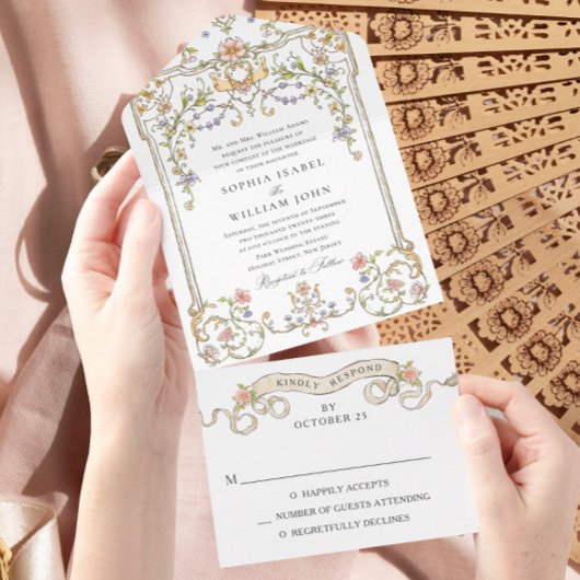 Victoriaans  Grace Floral Lijst Bruiloft All In One Uitnodiging