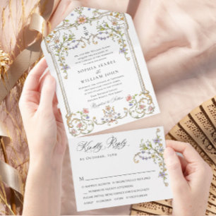 Victoriaans Grace Floral Lijst Bruiloft All In One Uitnodiging