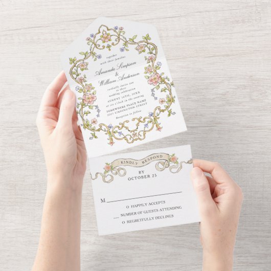 Victoriaans  Grace Floral Lijst Bruiloft All In One Uitnodiging (Afscheurbaar)