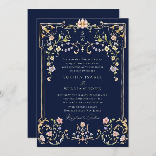 Victoriaans  Grace Floral Lijst Bruiloft Kaart (Voorkant / Achterkant)