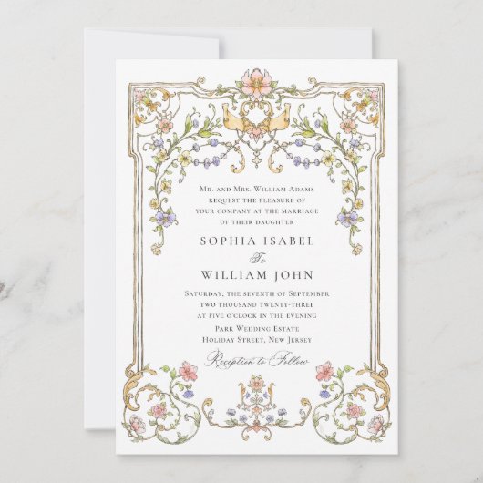 Victoriaans  Grace Floral Lijst Bruiloft Kaart (Voorkant)