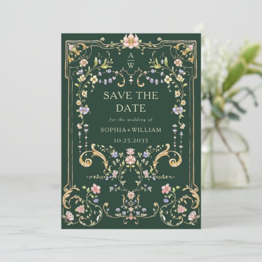 Victoriaans  Grace Floral Lijst Bruiloft Save The Date (Staand voorkant)