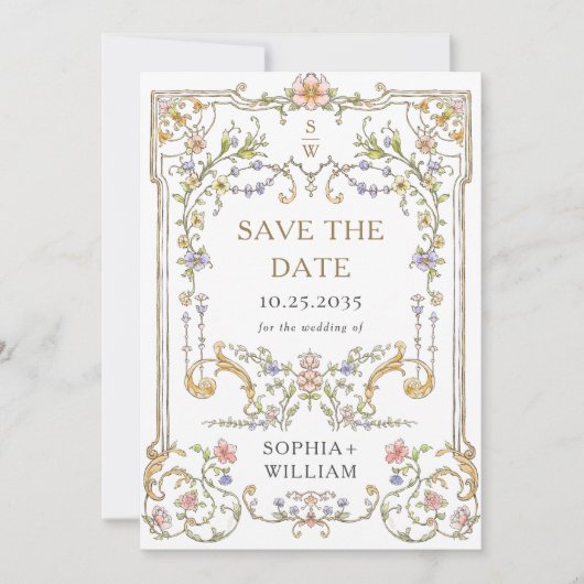 Victoriaans  Grace Floral Lijst Bruiloft Save The Date (Voorkant)