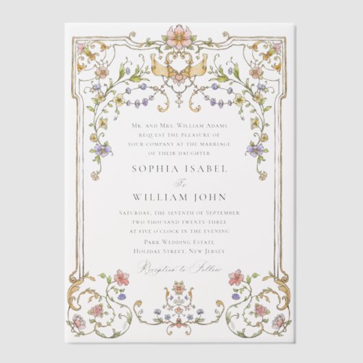 Victoriaans  Grace Floral Lijst Bruiloft Vellum Uitnodigingen (Voorkant)