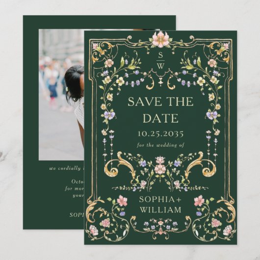 Victoriaans  Grace Floral Lijst trouwfoto Save The Date (Voorkant / Achterkant)