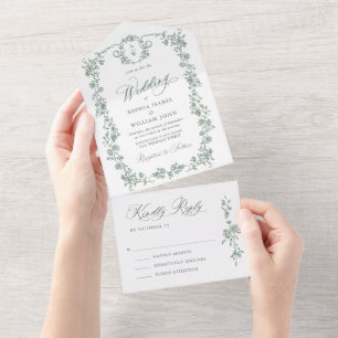 Victoriaans  Grace Floral Sage Green Wedding All In One Uitnodiging
