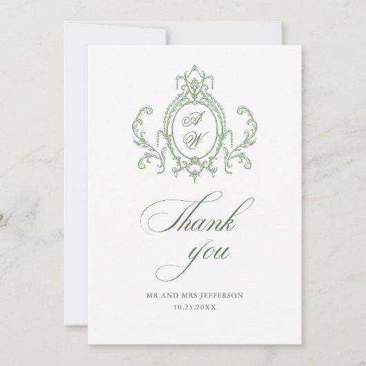 Victoriaans  Grace Floral Sage Green Wedding Bedankkaart (Voorkant)
