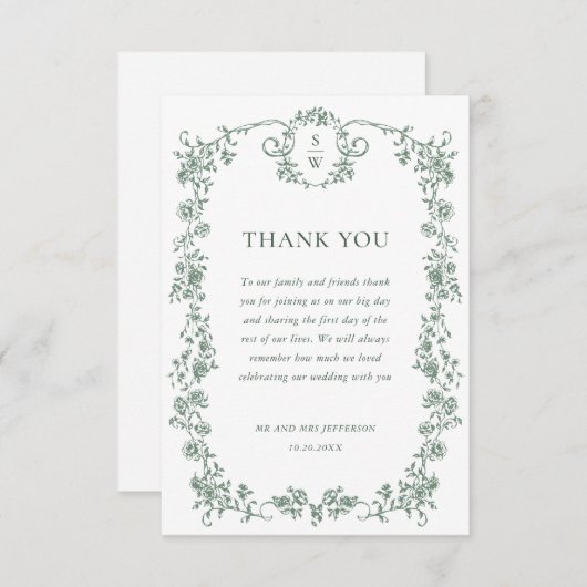 Victoriaans  Grace Floral Sage Green Wedding Bedankkaart (Voorkant / Achterkant)