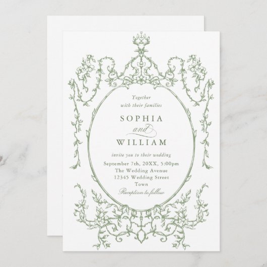 Victoriaans Grace Floral Sage Green Wedding Kaart (Voorkant / Achterkant)