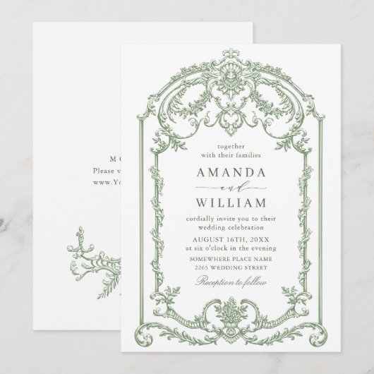 Victoriaans  Grace Floral Sage Green Wedding Kaart (Voorkant / Achterkant)