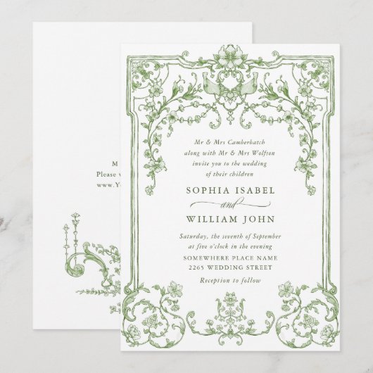Victoriaans  Grace Floral Sage Green Wedding Kaart (Voorkant / Achterkant)