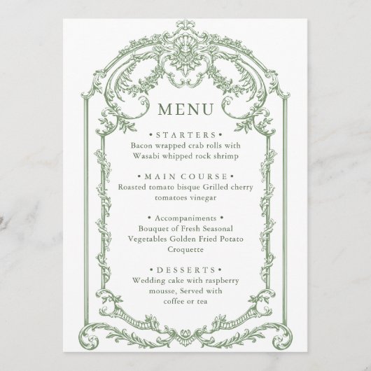 Victoriaans Grace Floral Sage Green Wedding Menu (Voorkant)