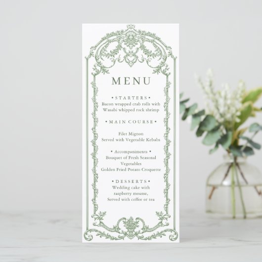 Victoriaans  Grace Floral Sage Green Wedding Menu (Staand voorkant)