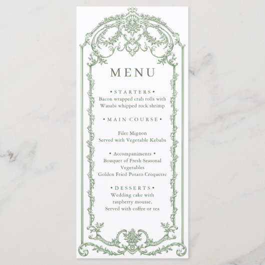 Victoriaans  Grace Floral Sage Green Wedding Menu (Voorkant)