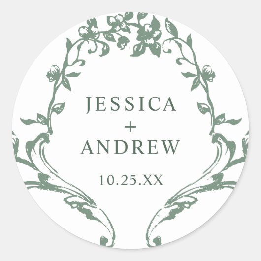Victoriaans  Grace Floral Sage Green Wedding Ronde Sticker (Voorkant)