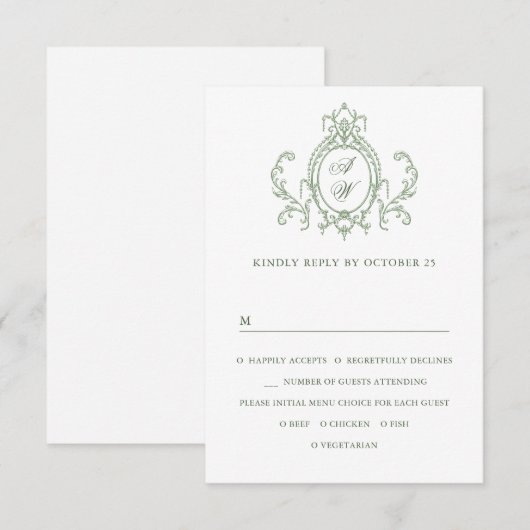 Victoriaans  Grace Floral Sage Green Wedding RSVP Kaartje (Voorkant / Achterkant)