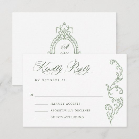 Victoriaans Grace Floral Sage Green Wedding RSVP Kaartje (Voorkant / Achterkant)