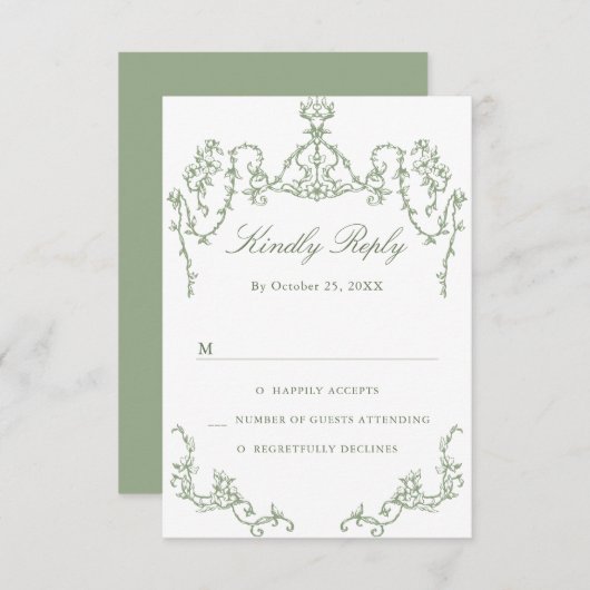 Victoriaans  Grace Floral Sage Green Wedding RSVP Kaartje (Voorkant / Achterkant)