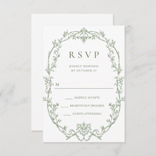 Victoriaans  Grace Floral Sage Green Wedding RSVP Kaartje (Voorkant / Achterkant)