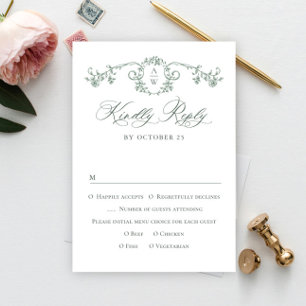 Victoriaans  Grace Floral Sage Green Wedding RSVP Kaartje