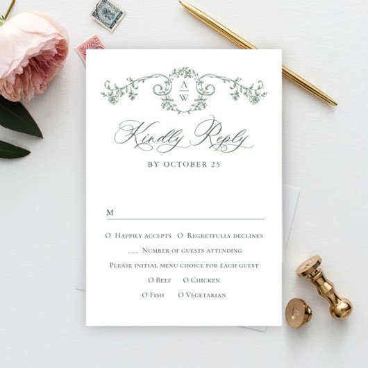 Victoriaans  Grace Floral Sage Green Wedding RSVP Kaartje