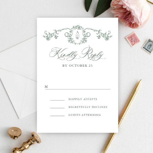 Victoriaans  Grace Floral Sage Green Wedding RSVP Kaartje