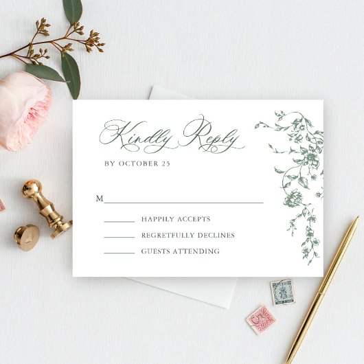 Victoriaans  Grace Floral Sage Green Wedding RSVP Kaartje