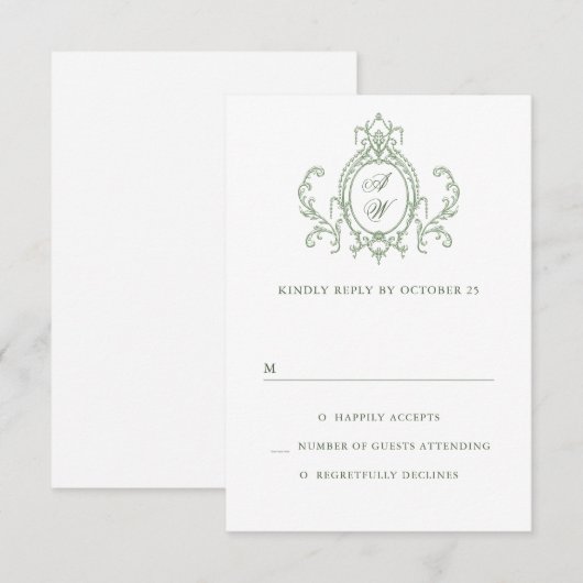 Victoriaans  Grace Floral Sage Green Wedding RSVP Kaartje (Voorkant / Achterkant)