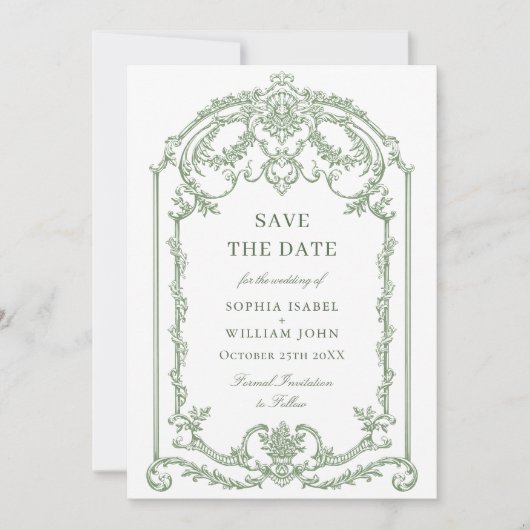 Victoriaans  Grace Floral Sage Green Wedding Save The Date (Voorkant)