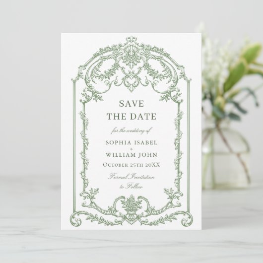 Victoriaans  Grace Floral Sage Green Wedding Save The Date (Staand voorkant)
