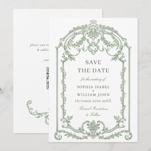 Victoriaans  Grace Floral Sage Green Wedding Save The Date (Voorkant / Achterkant)