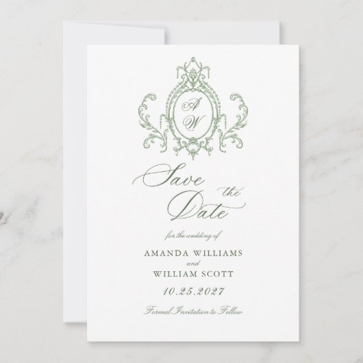 Victoriaans  Grace Floral Sage Green Wedding Save The Date (Voorkant)