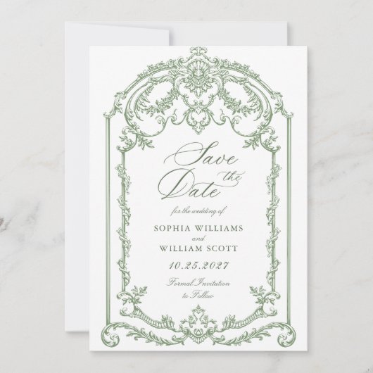 Victoriaans  Grace Floral Sage Green Wedding Save The Date (Voorkant)