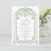 Victoriaans  Grace Floral Sage Green Wedding Save The Date (Staand voorkant)