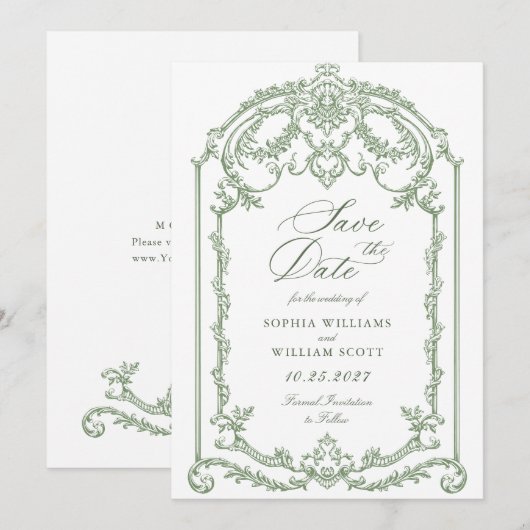 Victoriaans  Grace Floral Sage Green Wedding Save The Date (Voorkant / Achterkant)