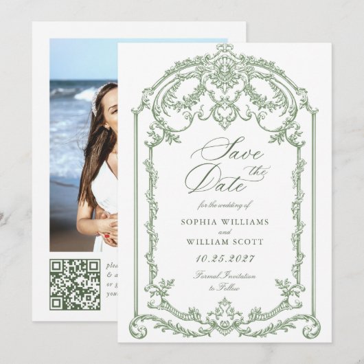 Victoriaans Grace Floral Sage Green Wedding Save The Date (Voorkant / Achterkant)