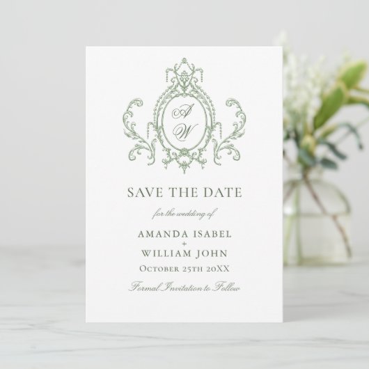 Victoriaans  Grace Floral Sage Green Wedding Save The Date (Staand voorkant)