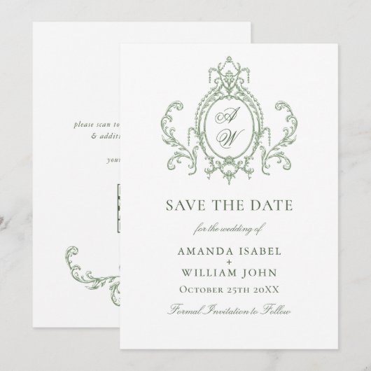 Victoriaans Grace Floral Sage Green Wedding Save The Date (Voorkant / Achterkant)