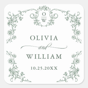 Victoriaans  Grace Floral Sage Green Wedding Vierkante Sticker