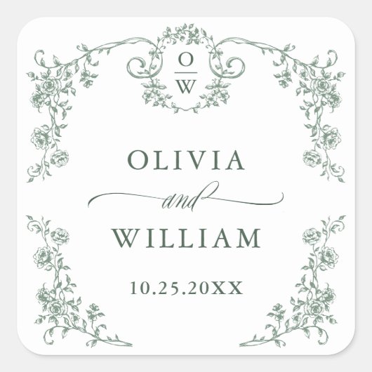 Victoriaans Grace Floral Sage Green Wedding Vierkante Sticker (Voorkant)