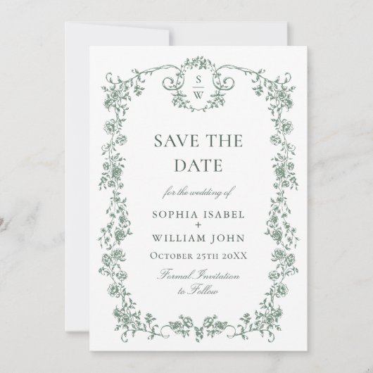 Victoriaans  Grace Floral Sage QR code Foto Save The Date (Voorkant)