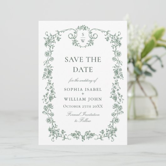 Victoriaans  Grace Floral Sage QR code Foto Save The Date (Staand voorkant)